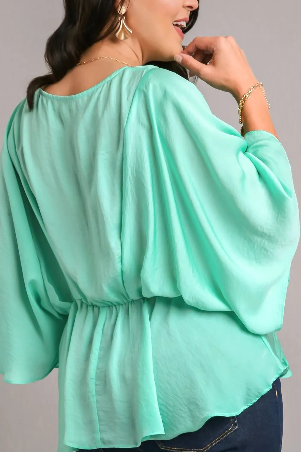 Full Size Satin Pleated Peplum Round Neck Blouse Plus Size, image 5