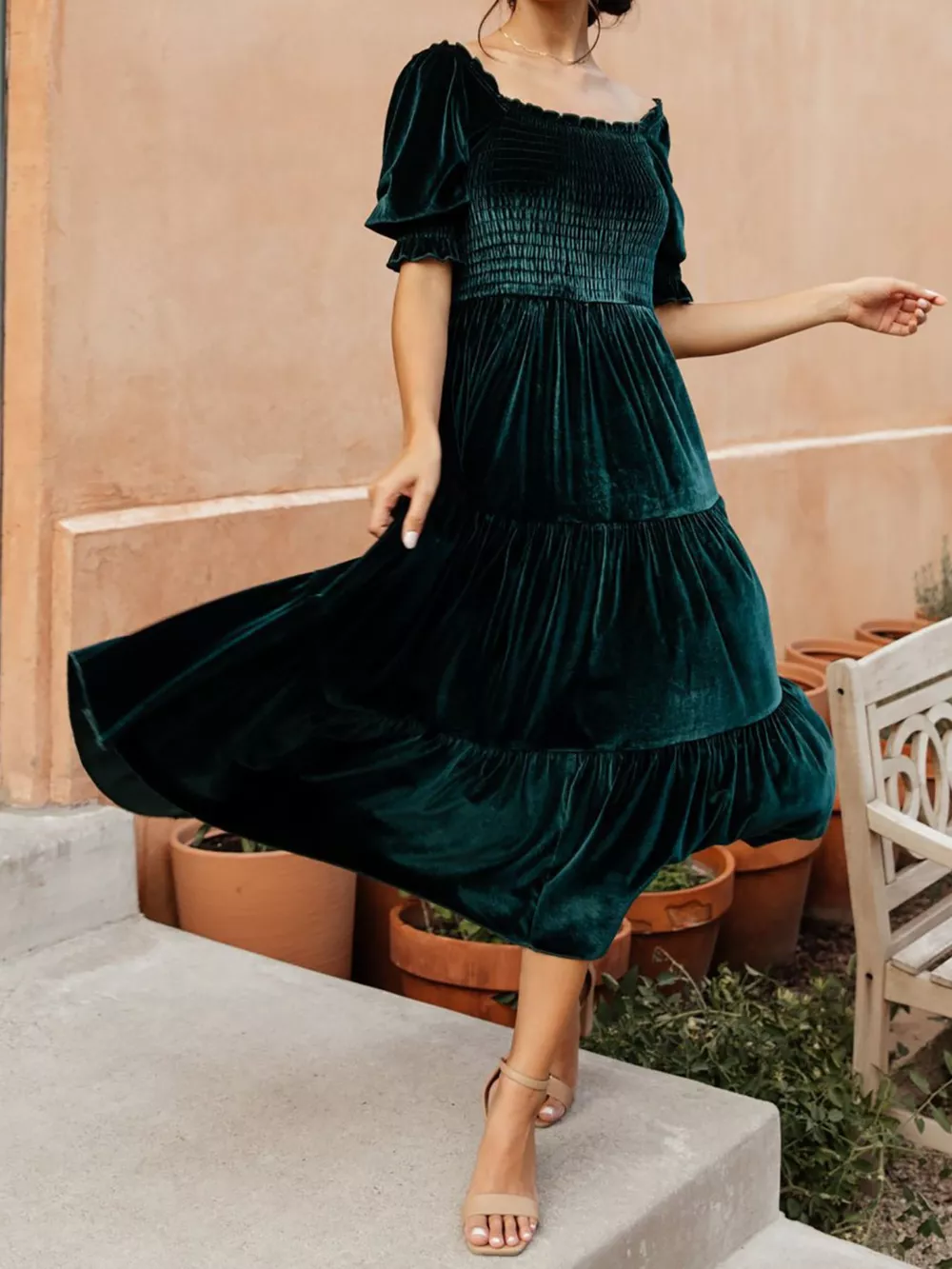Velvet Smocked Tiered Midi Dress, image 10
