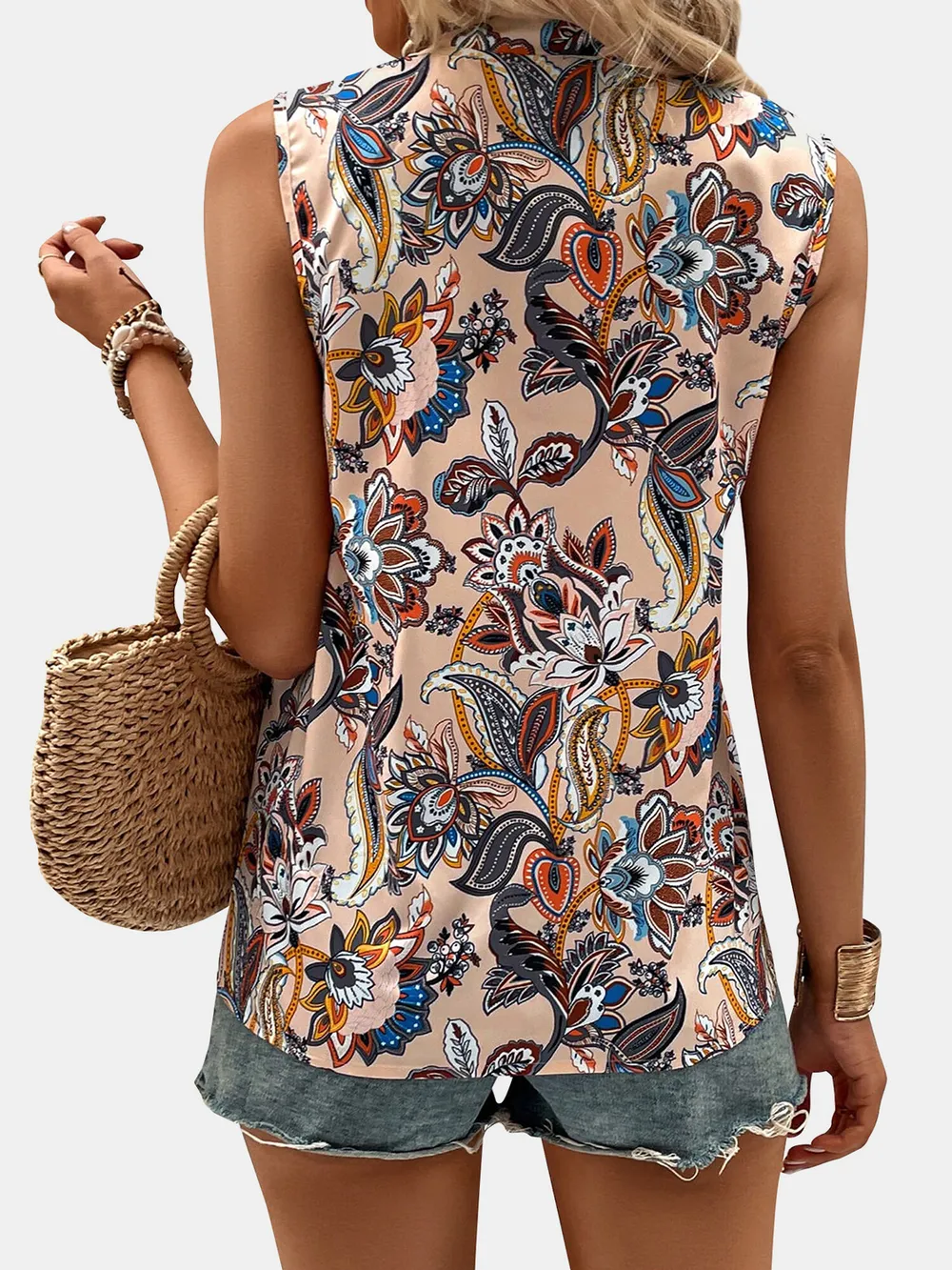 Printed Notched Sleeveless Top, image 3