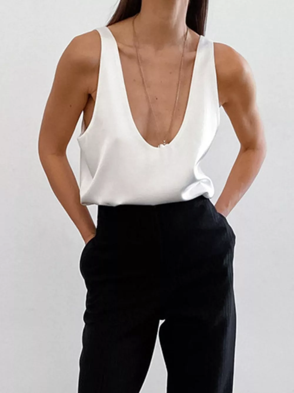 Satin Deep V-Neck Tank, image 4