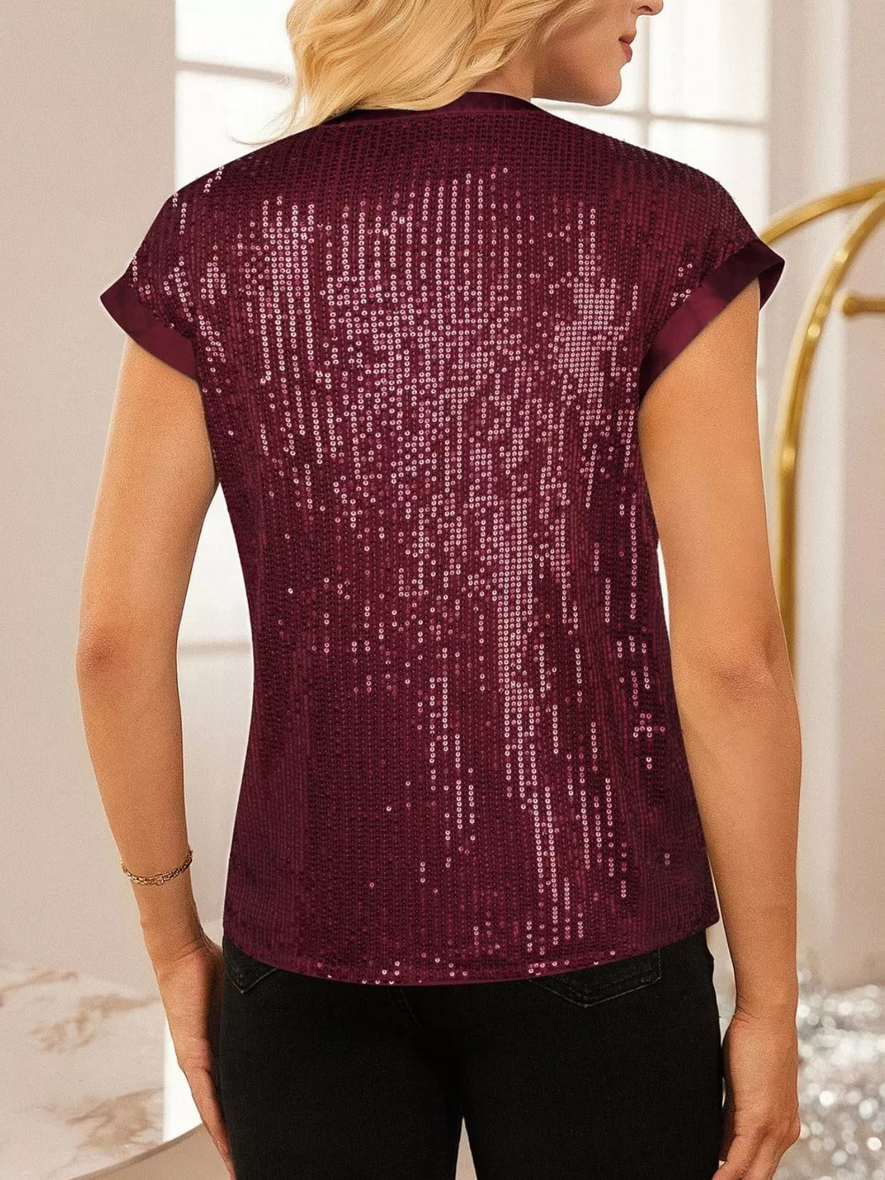 Sequin Notched Cap Sleeve Blouse, image 21