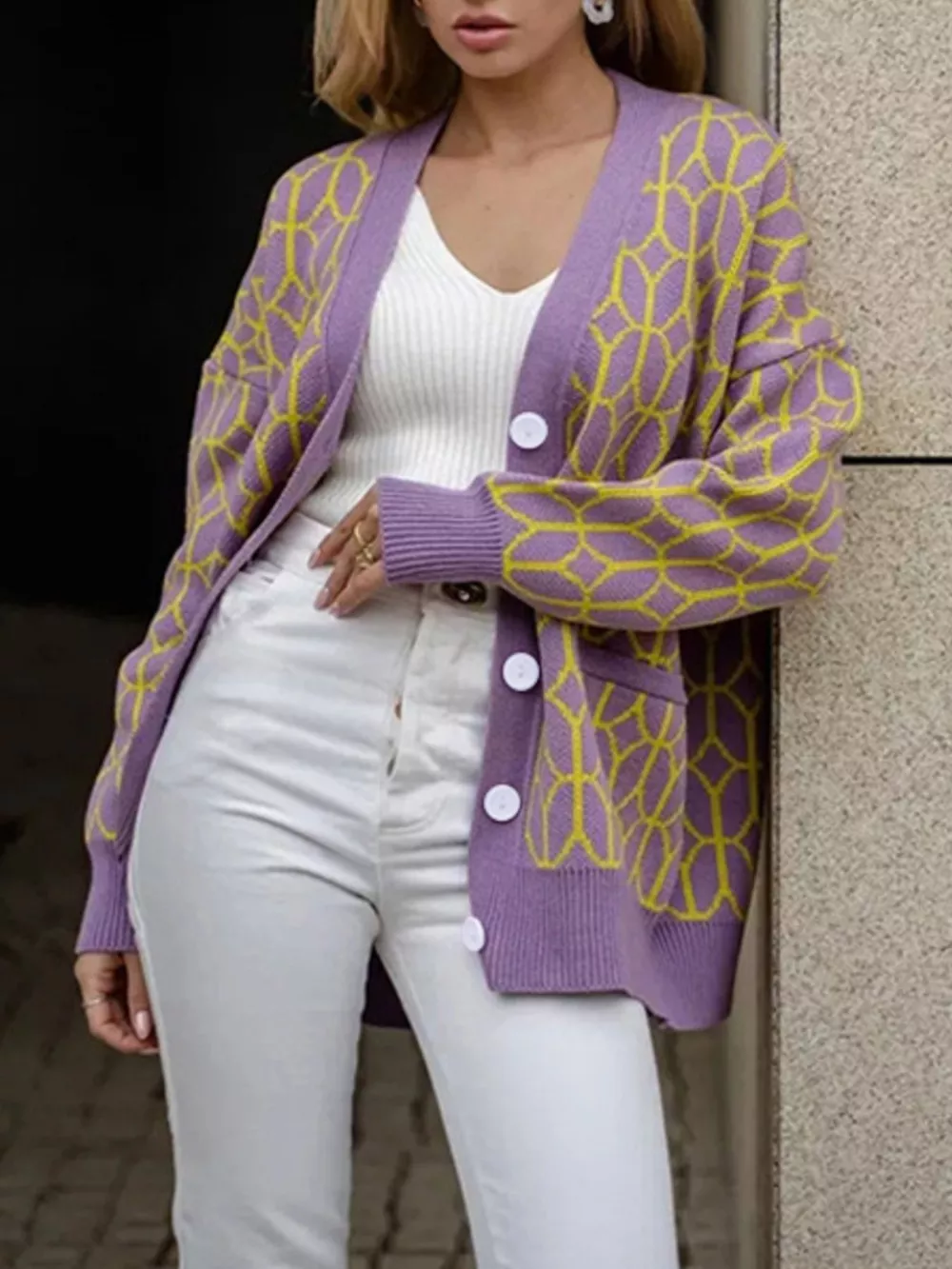 Geometric Patterned Button-Down Cardigan, image 3