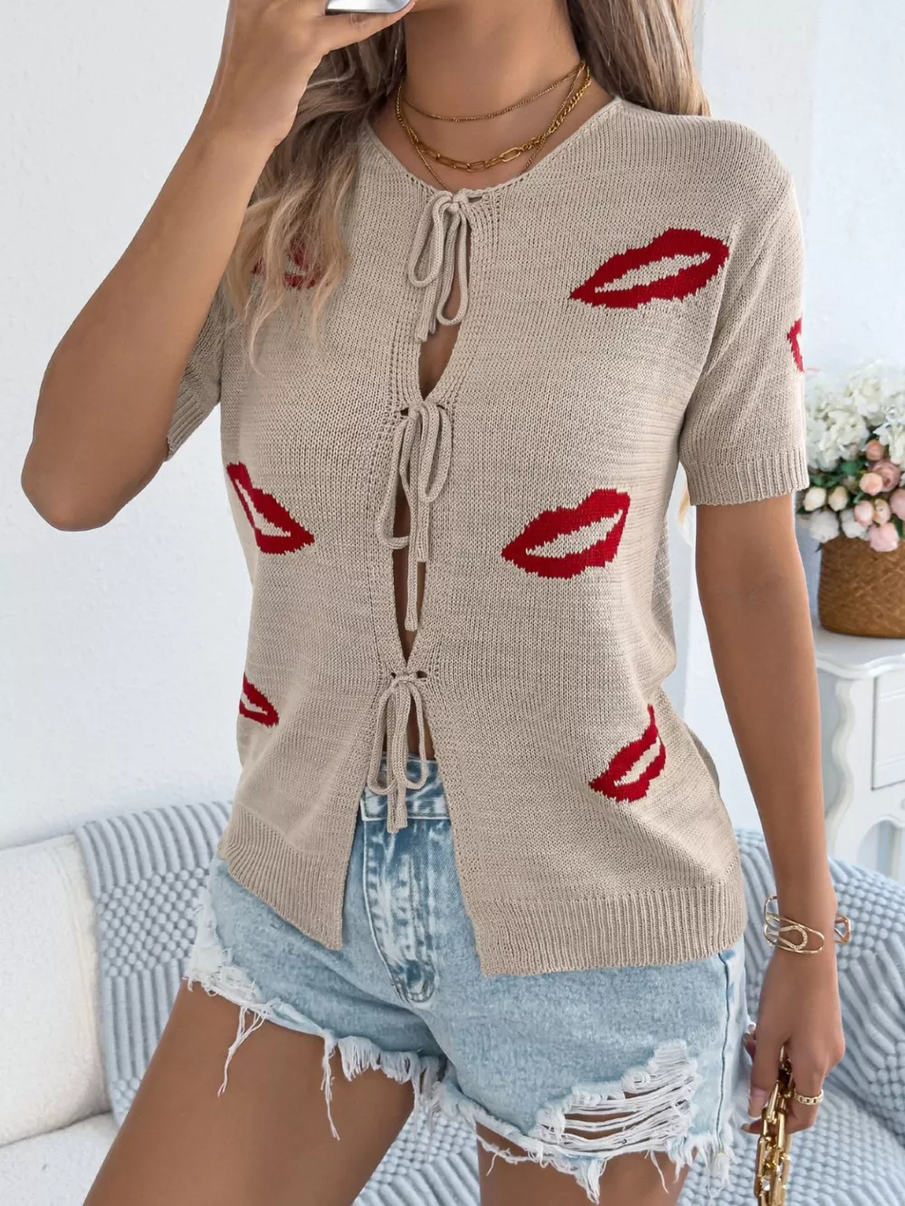 Lips Tie Front Knit Cardigan, image 2