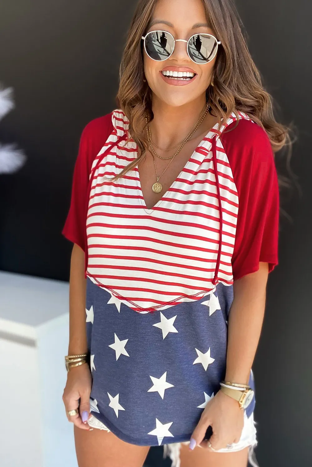 Stars and Stripes Print Drawstring Hoodie, image 6