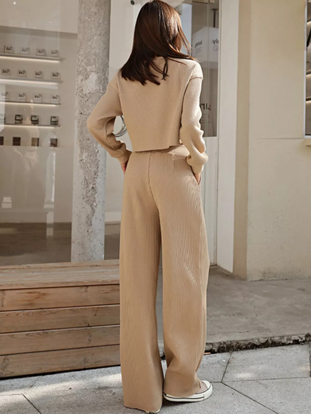 Waffle-Knit Round Neck Top and Pants Set, image 11
