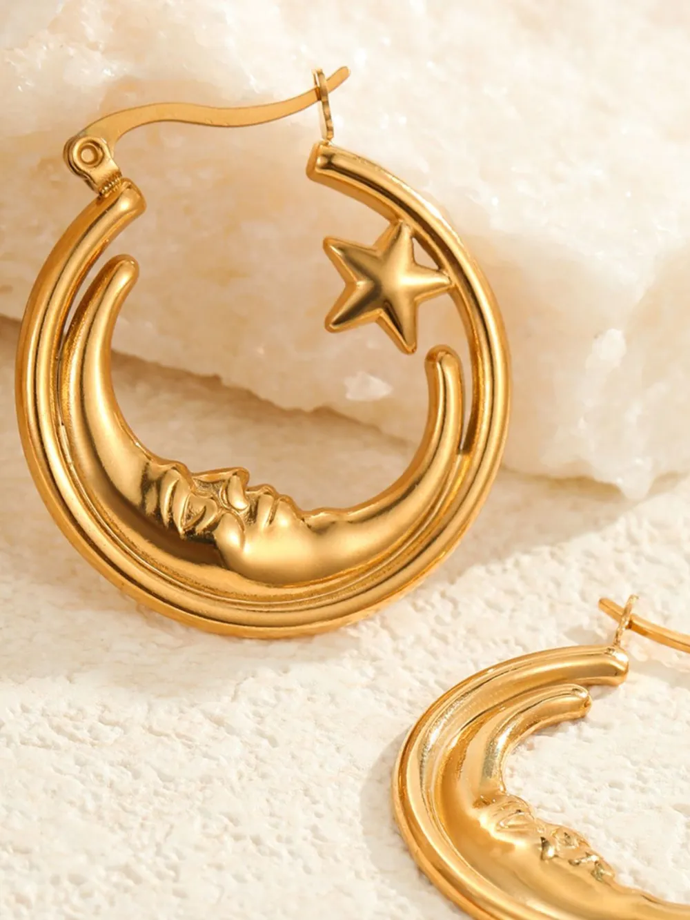 18K Gold-Plated Crescent Moon Star Hoop Earrings, image 3