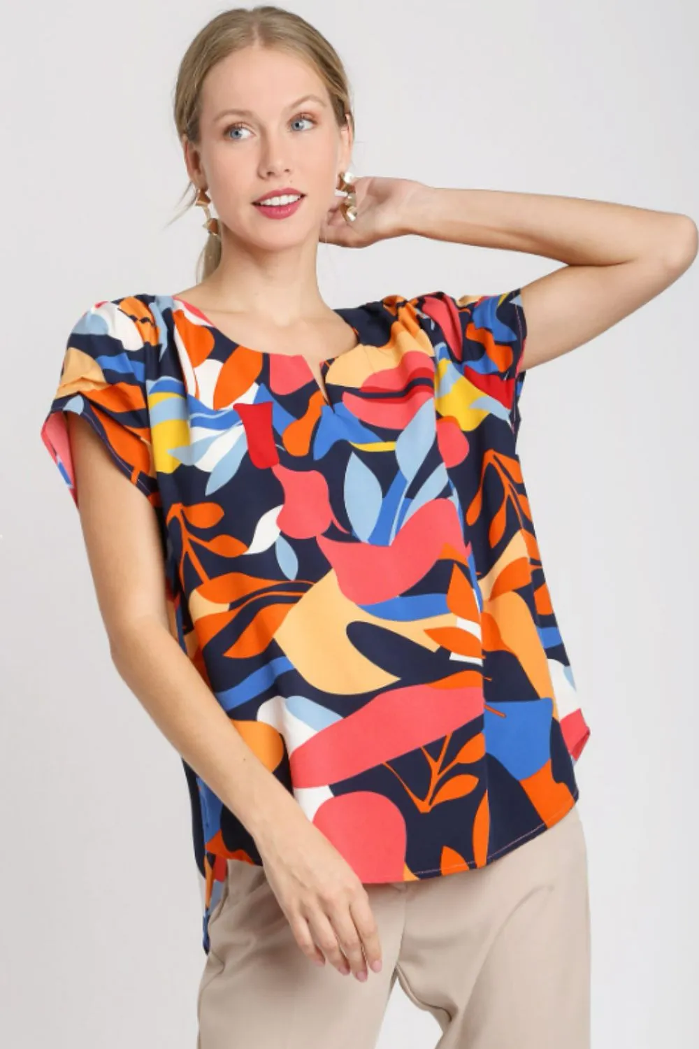 Full Size Short Sleeved Abstract Print Top Plus Size