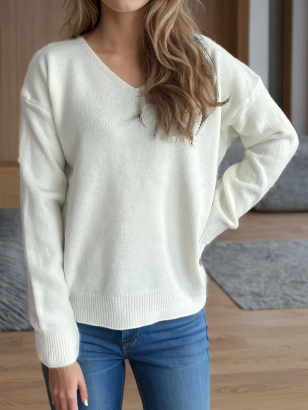 V-Neck Dropped Shoulder Long Sleeve Sweater, image 3