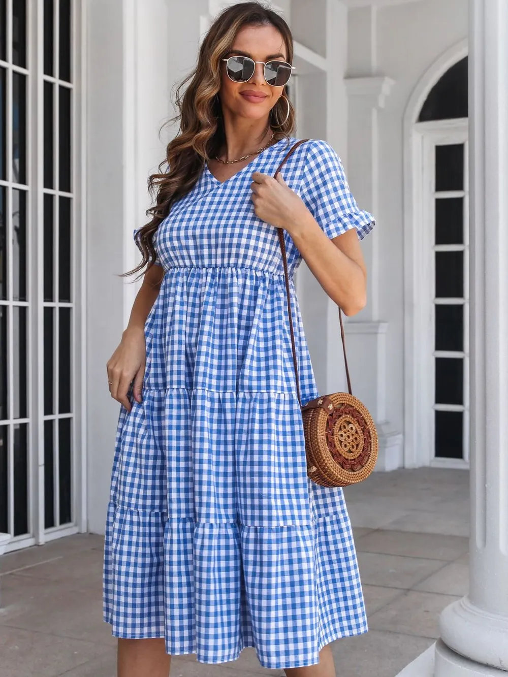 Plaid V-Neck Short Sleeve Midi Dress, image 4