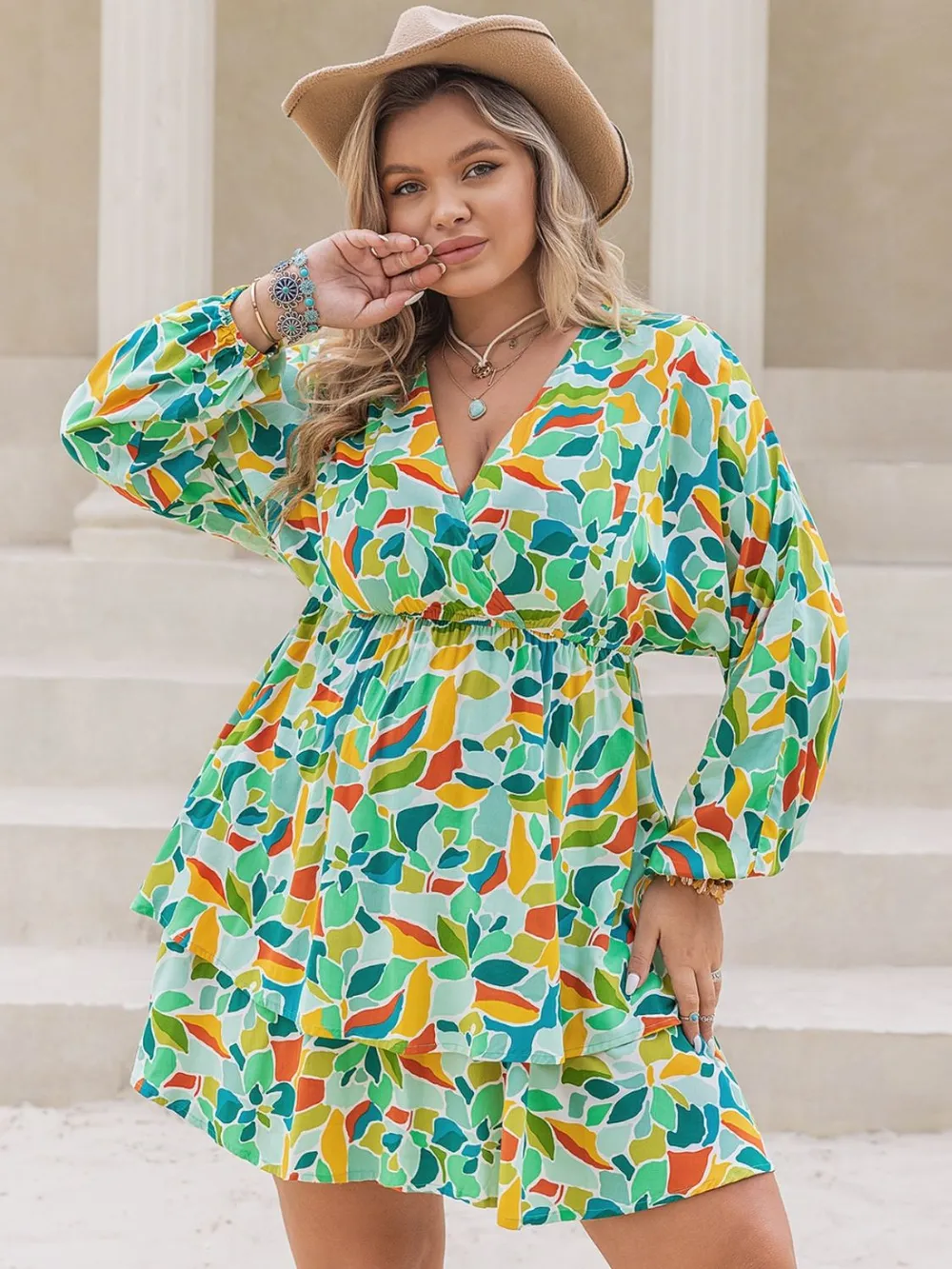 Plus Size Printed Surplice Long Sleeve Mini Dress, image 3