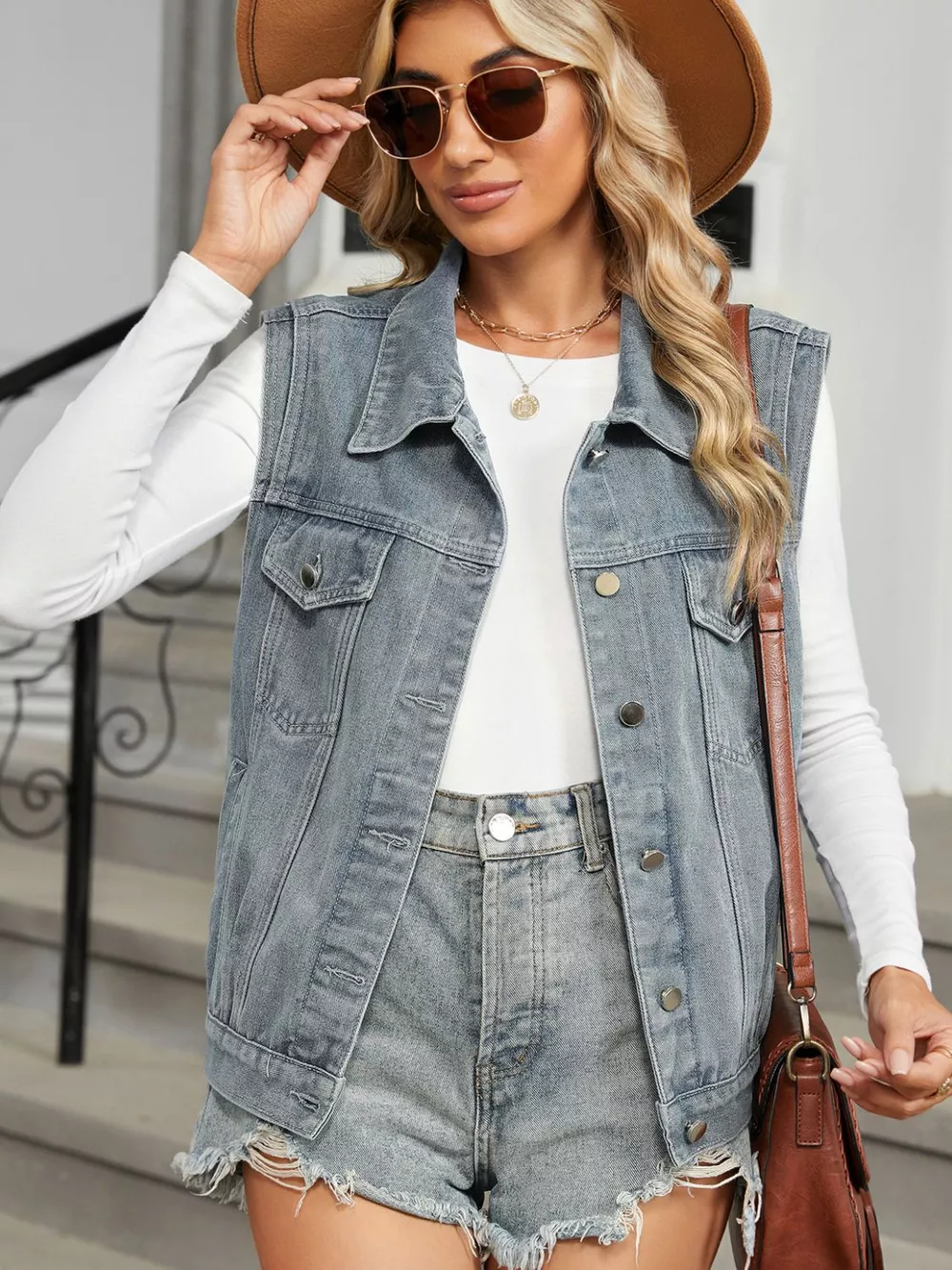 Pocketed Button Up Sleeveless Denim Jacket, image 3