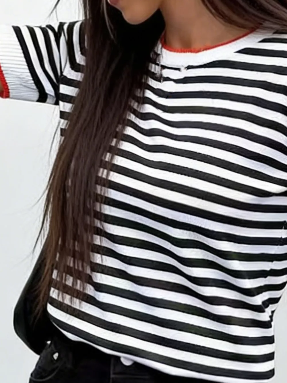 Contrast Trim Striped Short Sleeve Knit Top, image 5