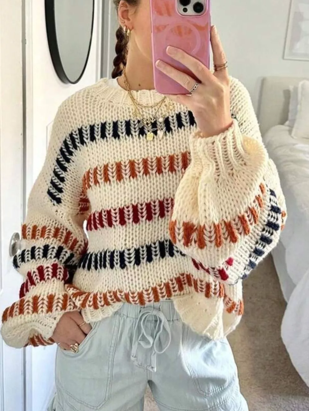 Striped Round Neck Long Sleeve Sweater