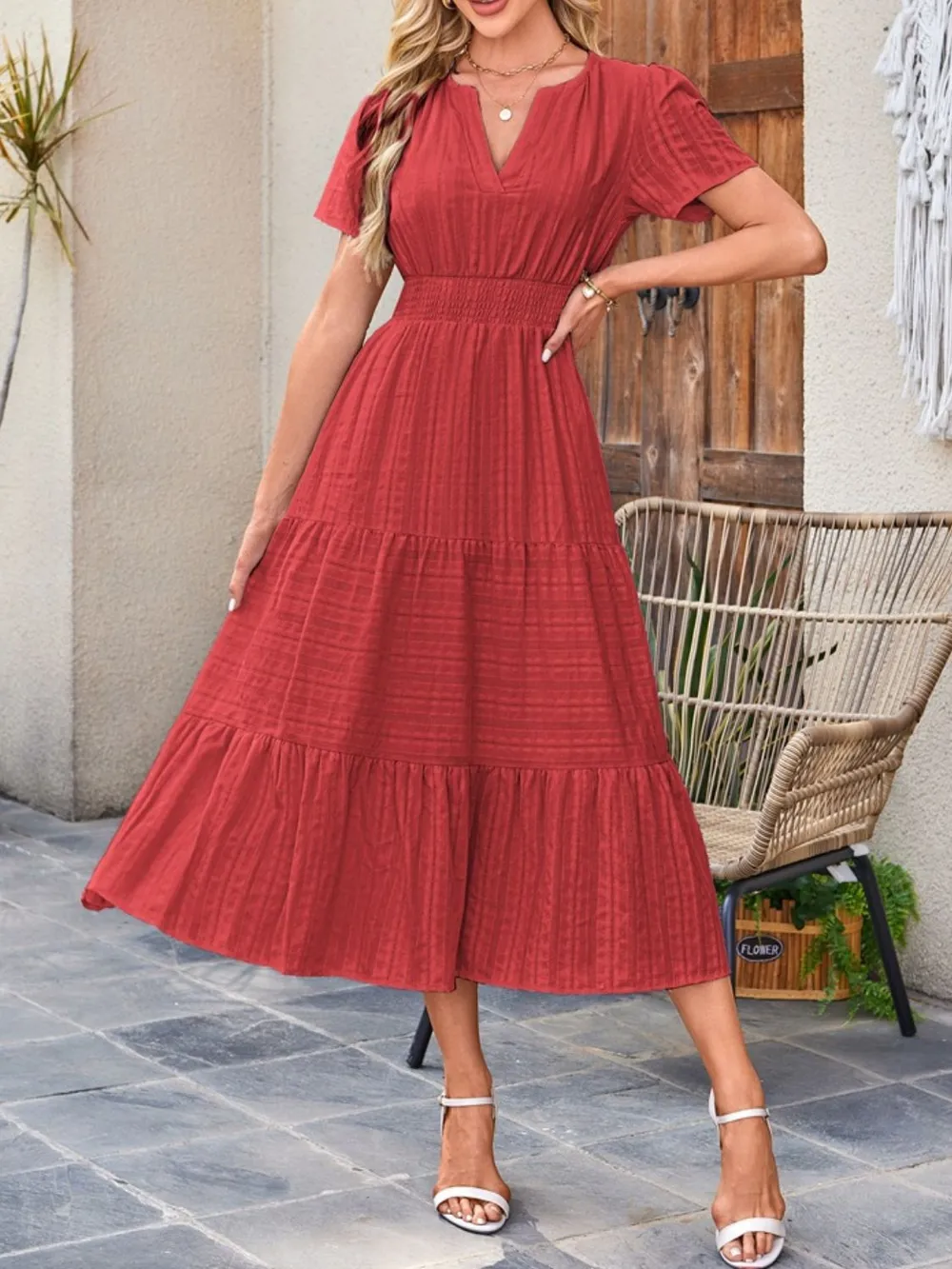 Tiered Notched Short Sleeve Dress, image 9