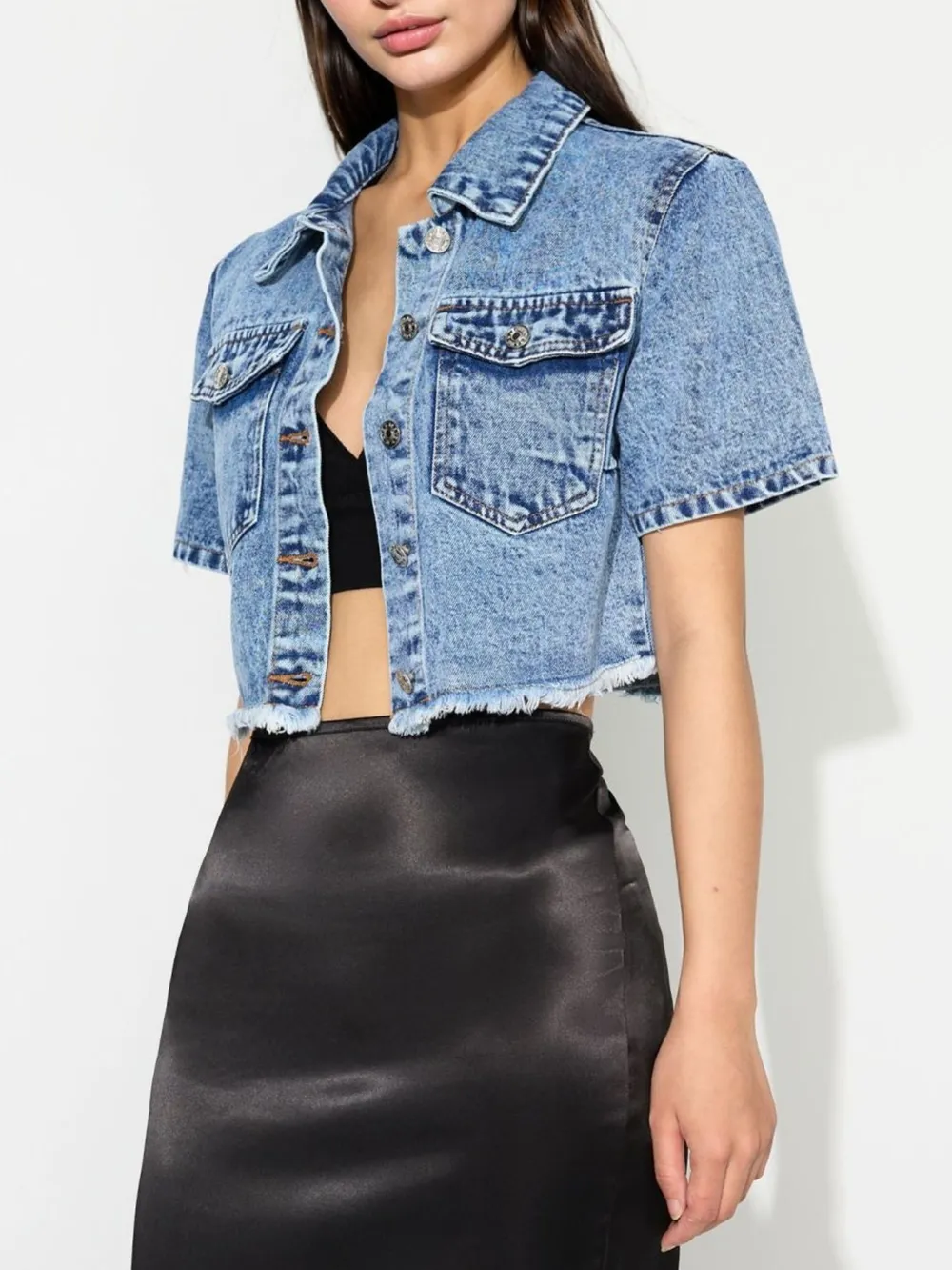 Cropped Short Sleeve Denim Jacket with Frayed Hem, image 9
