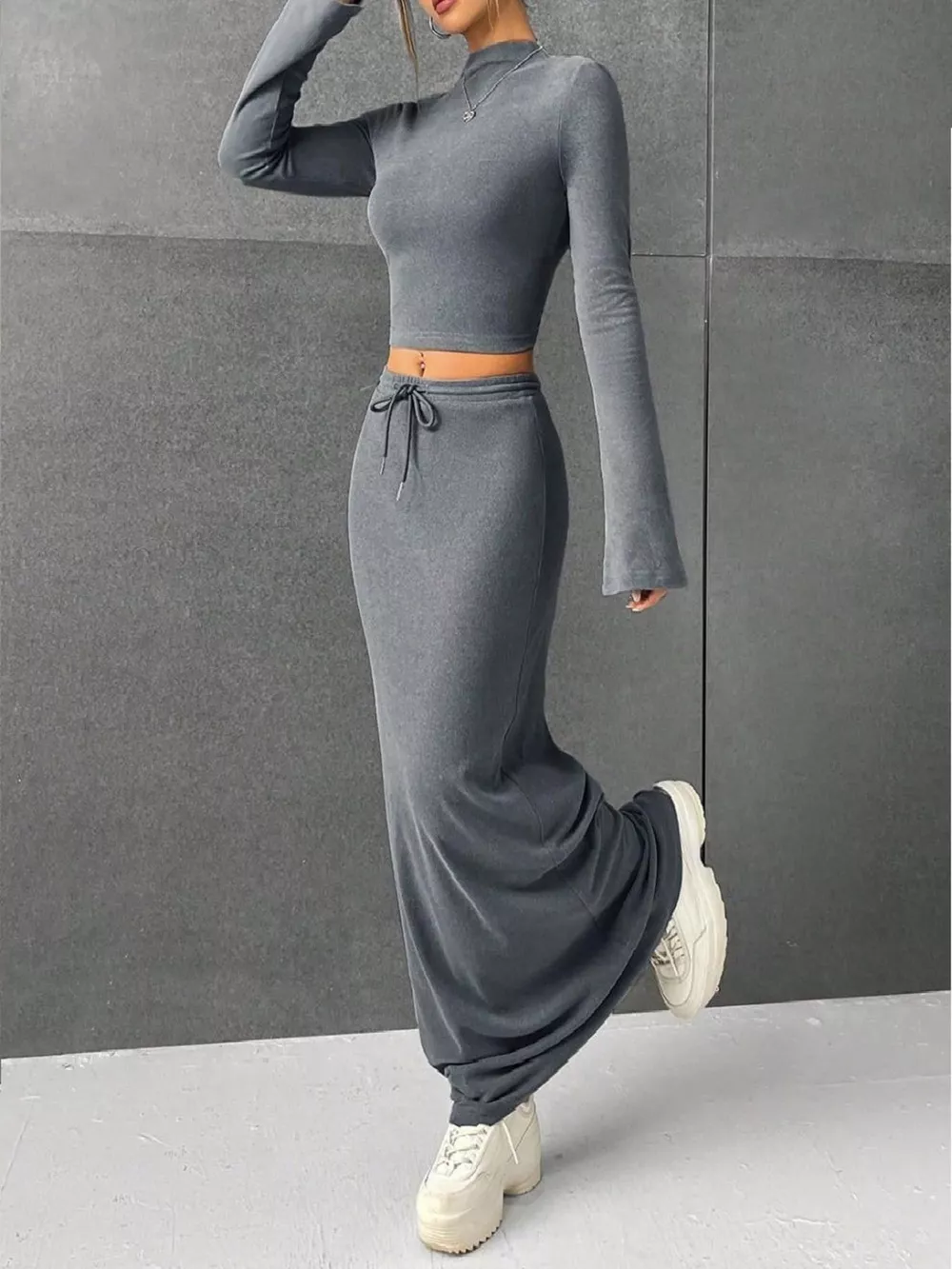 Long Sleeve Top & Drawstring Maxi Skirt Set, image 3