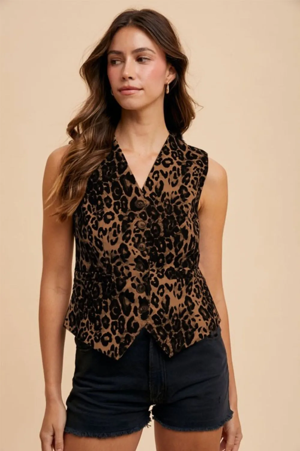 Stretch Leopard Denim Button Down Vest
