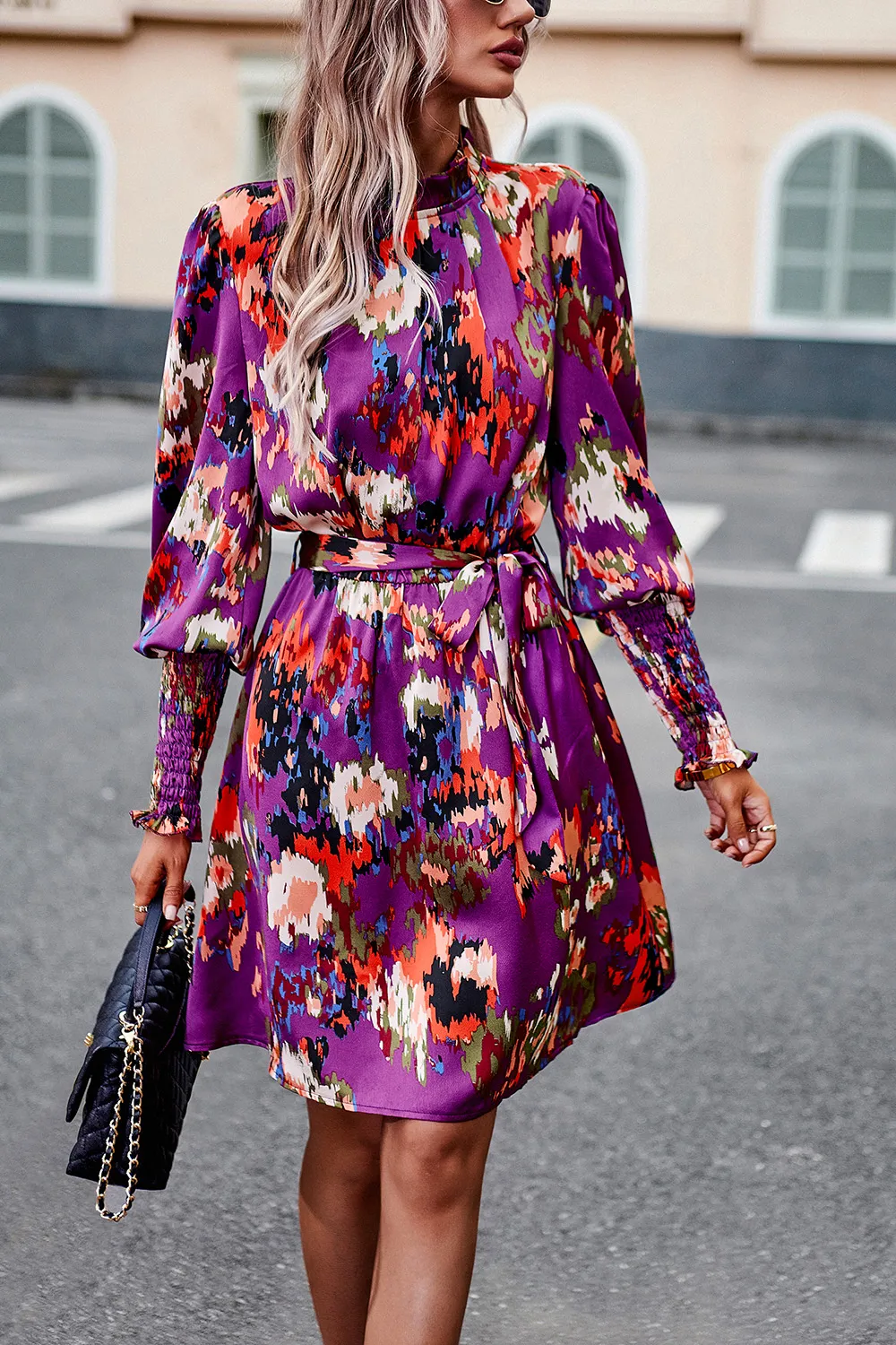 Printed Tie Waist Mock Neck Lantern Sleeve Dress, image 7
