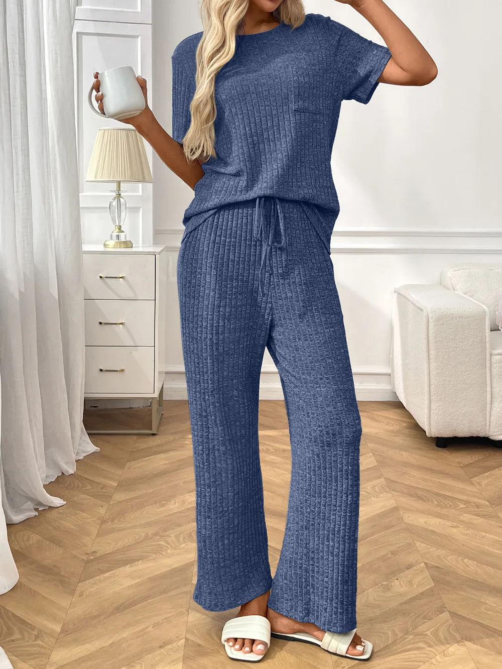Ribbed Knit Short Sleeve Top and Pants Lounge Set, image 3
