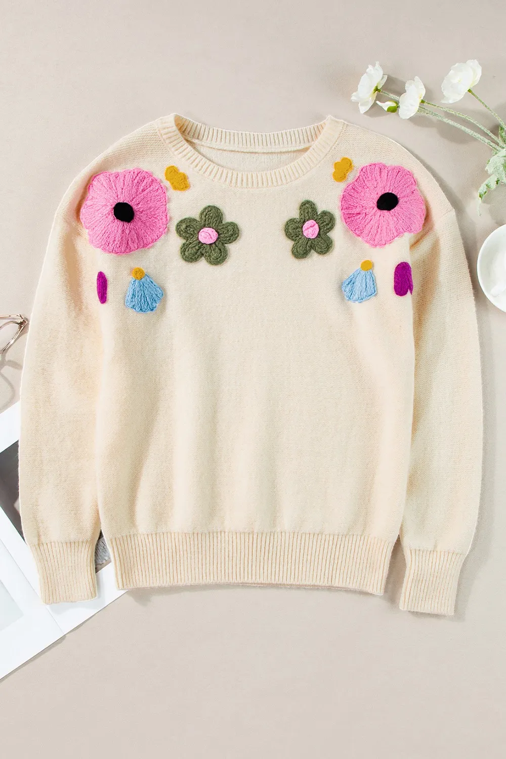 Crochet Flower Round Neck Dropped Shoulder Sweater, image 9
