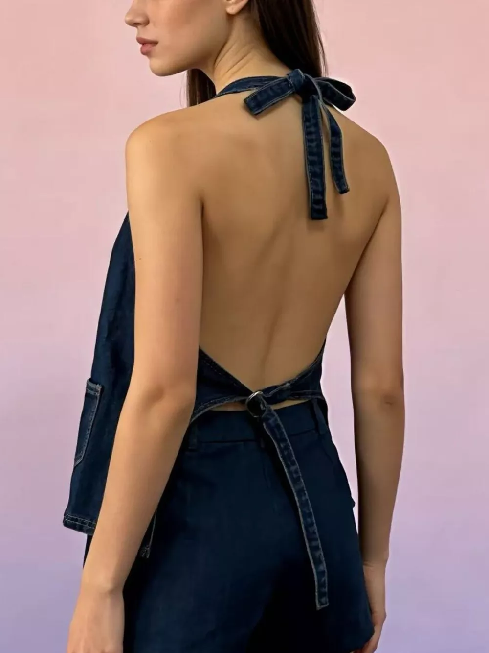 Halter Neck Button-Down Denim Vest, image 4