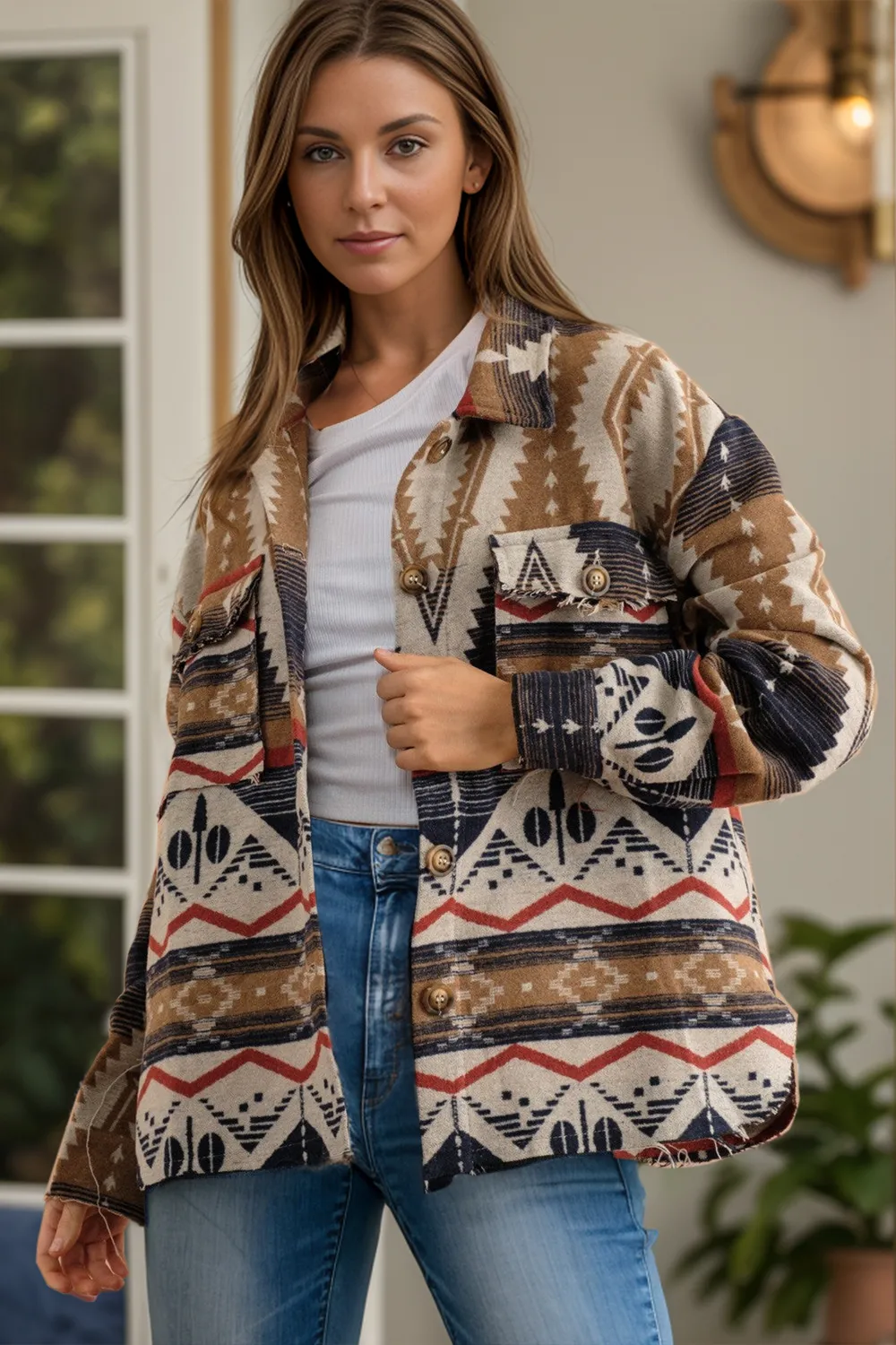 Geometric Button Up Long Sleeve Jacket, image 3