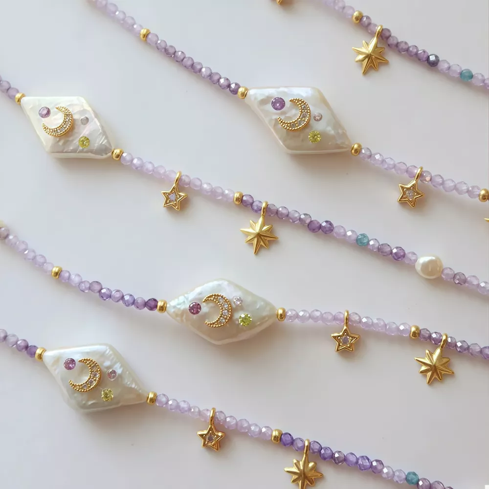 Freshwater Pearl Star Moon Beaded Necklace, image 4
