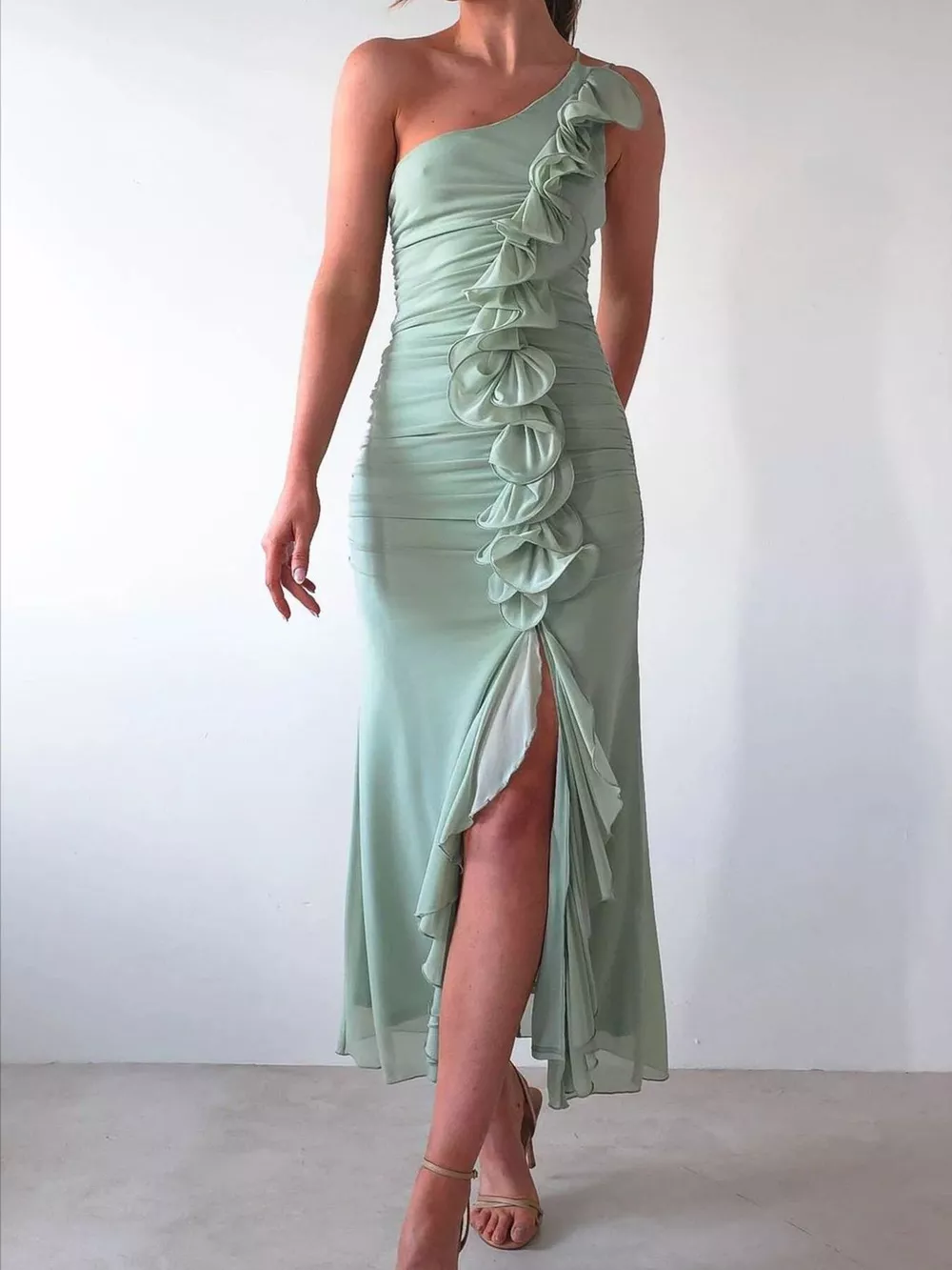 One-Shoulder Ruffle Slit Dress, image 2