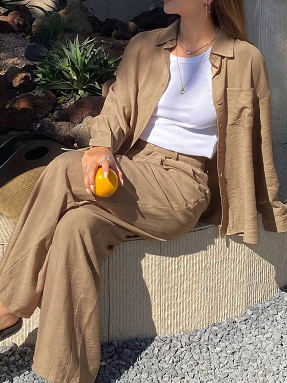 Full Size Relaxed Fit Button Up Shirt and Pants Two-Piece Set Plus Size, image 3