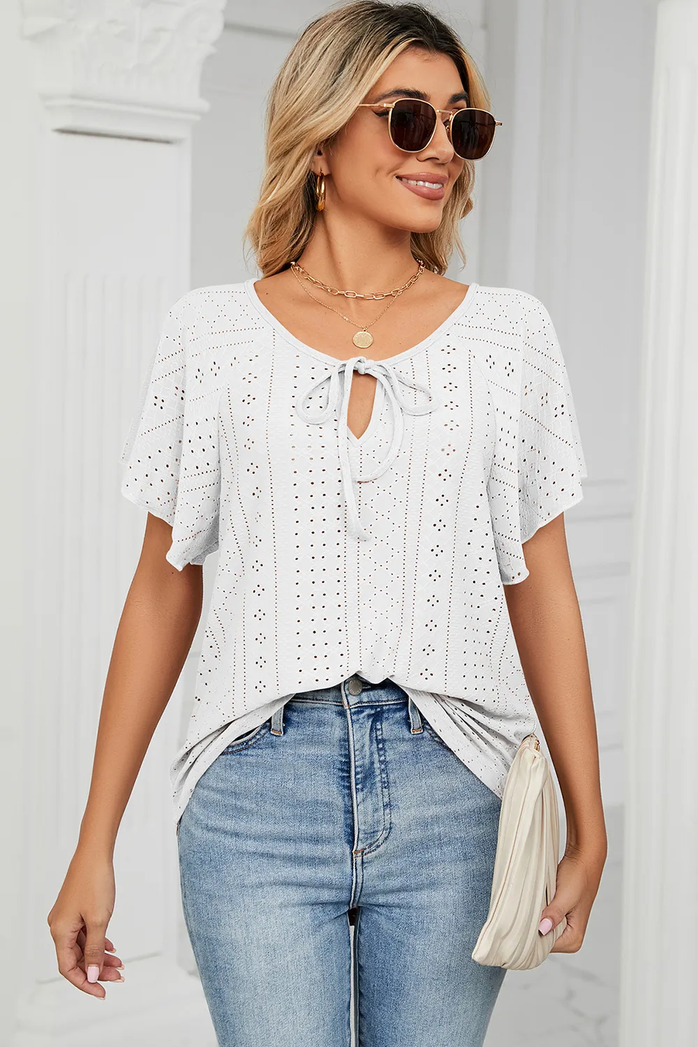 Eyelet Tie Neck Flutter Sleeve Blouse, image 7