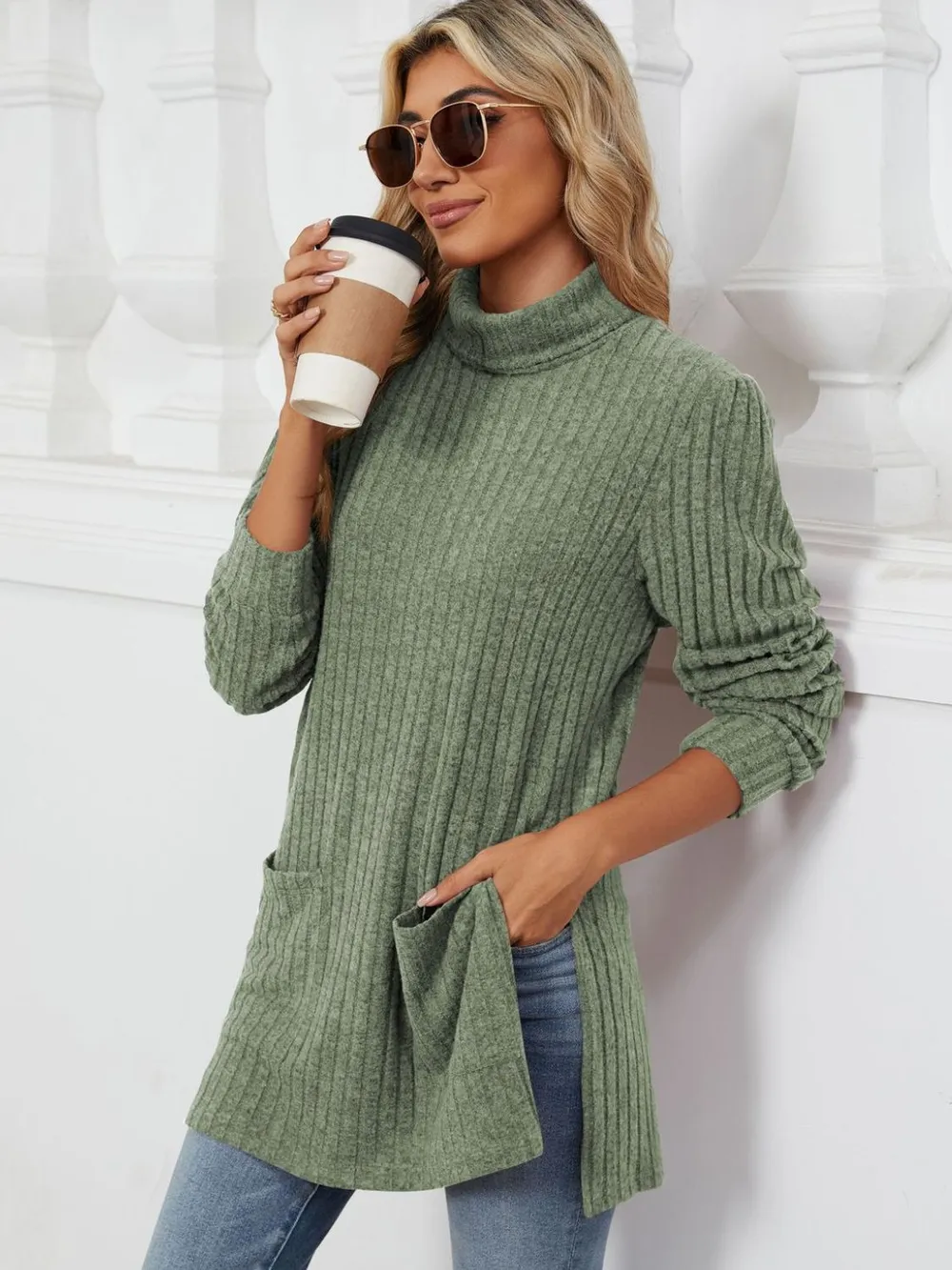 Slit Mock Neck Long Sleeve T-Shirt, image 9