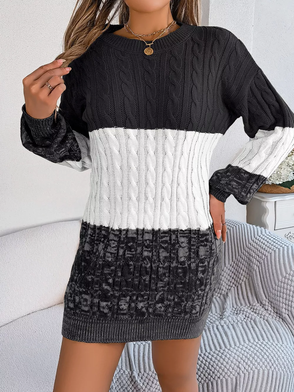 Color Block Cable Knit Sweater Dress with Textured Pattern, image 18