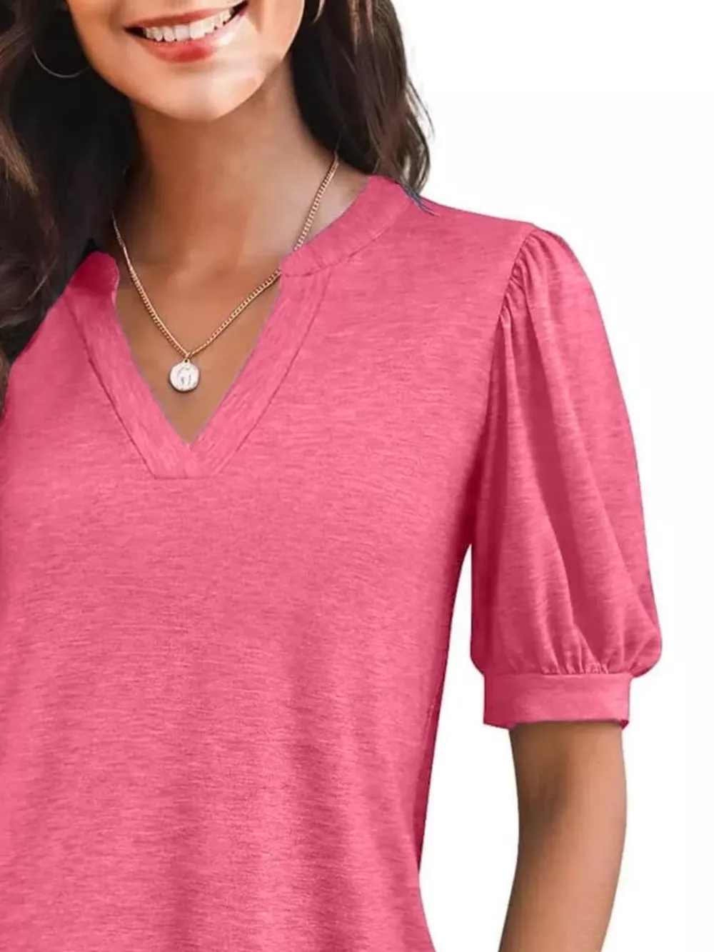 Puff Sleeve Notched Casual T-Shirt, image 14