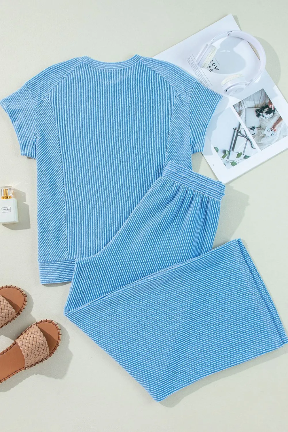 Ribbed Knit Round Neck Top and Pants Casual Set, image 8