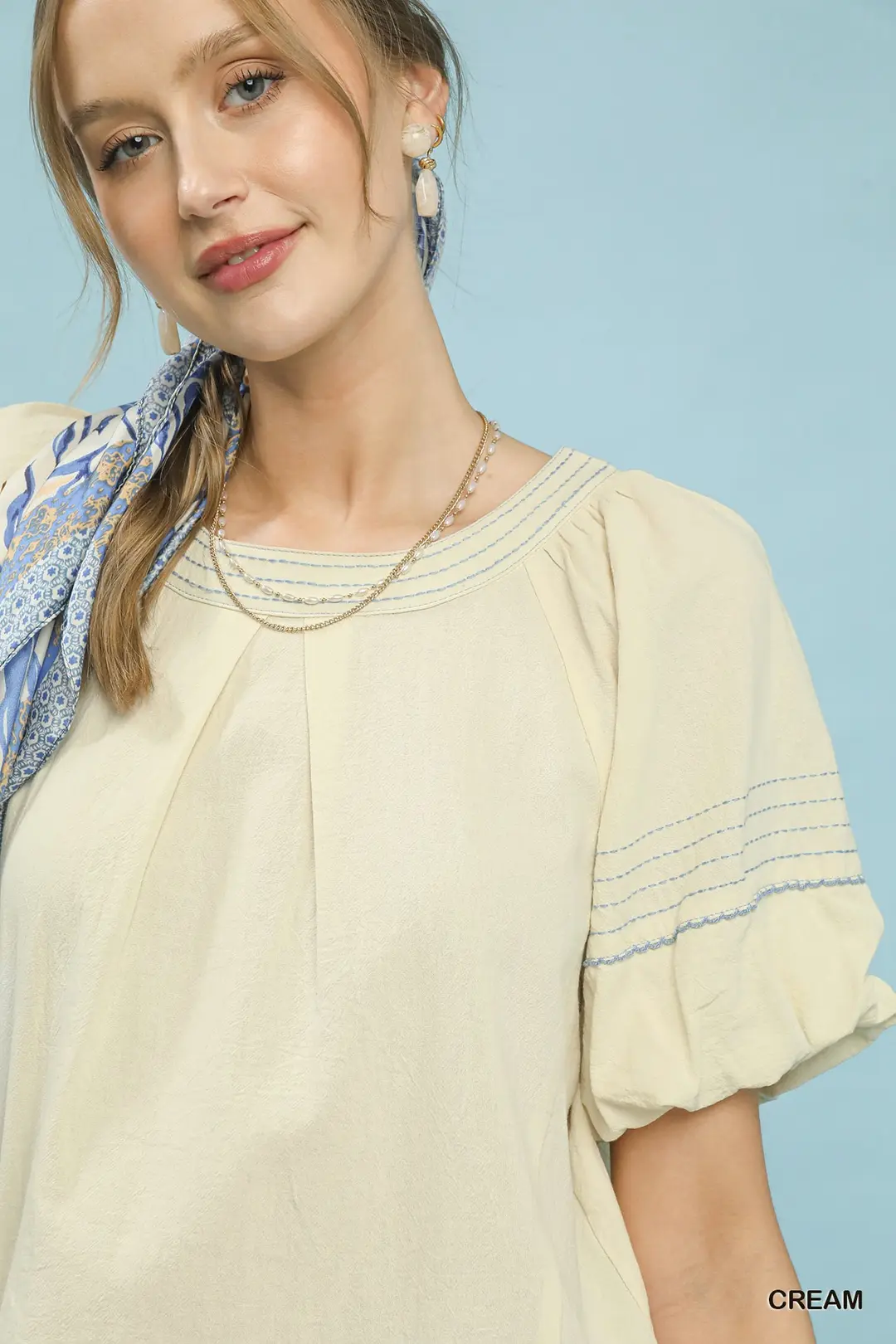 Round Neck Puff Sleeve Top with Contrast Stitch Detail, image 2