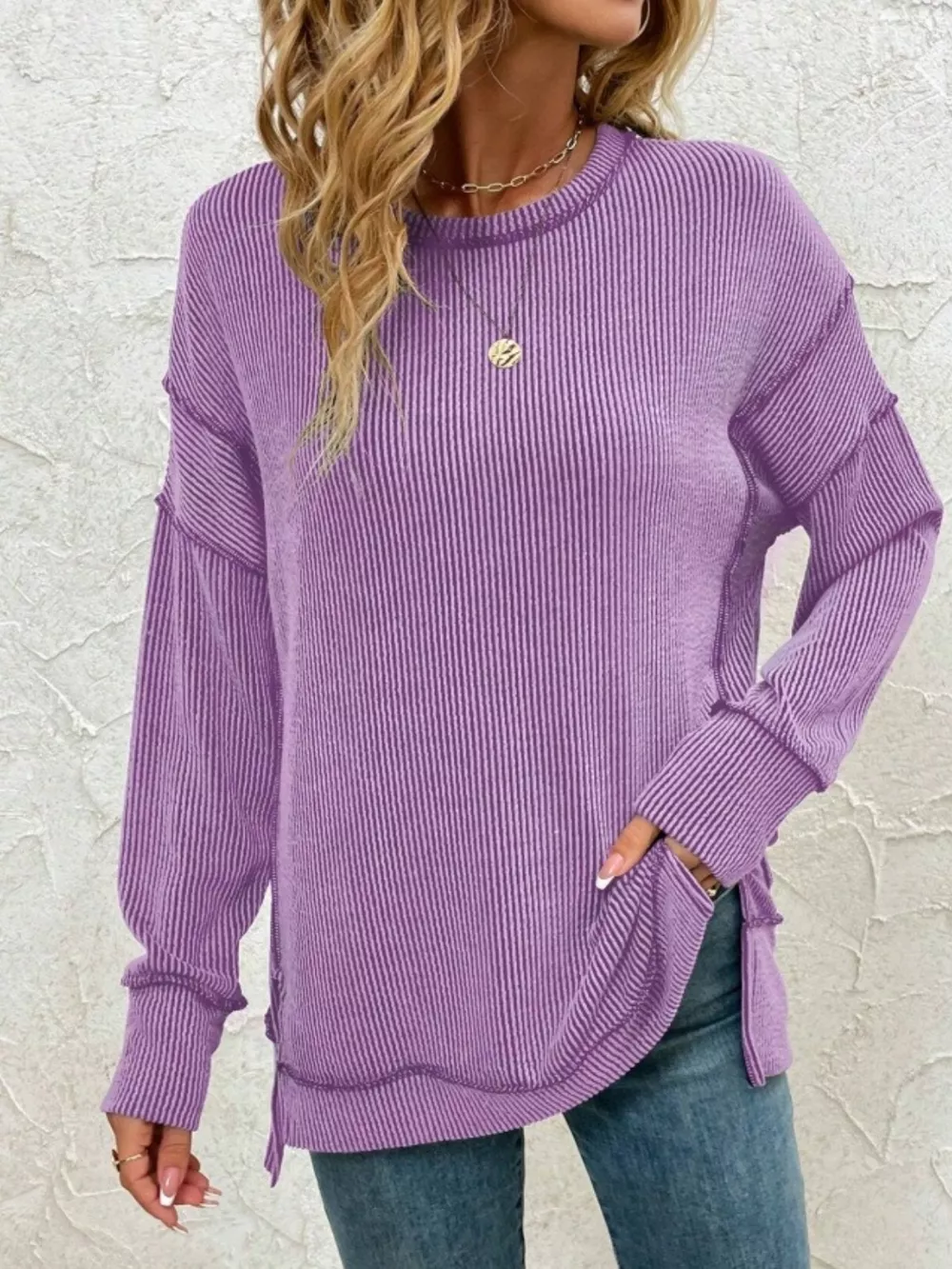 Side Slit Round Neck Sweatshirt, image 9