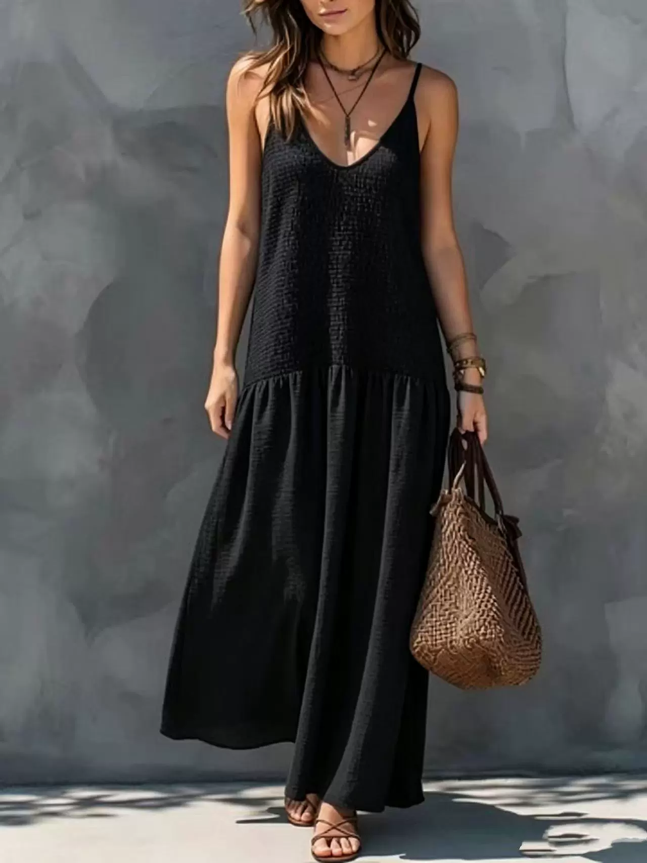 Sleeveless Smocked V-Neck Casual Maxi Dress, image 7
