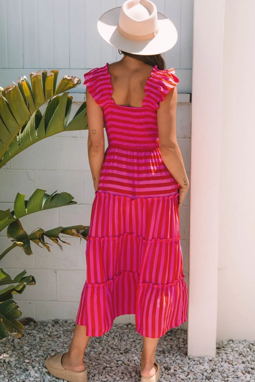 Stripe Flutter Sleeve Smocked Bodice Tiered Maxi Dress, image 4