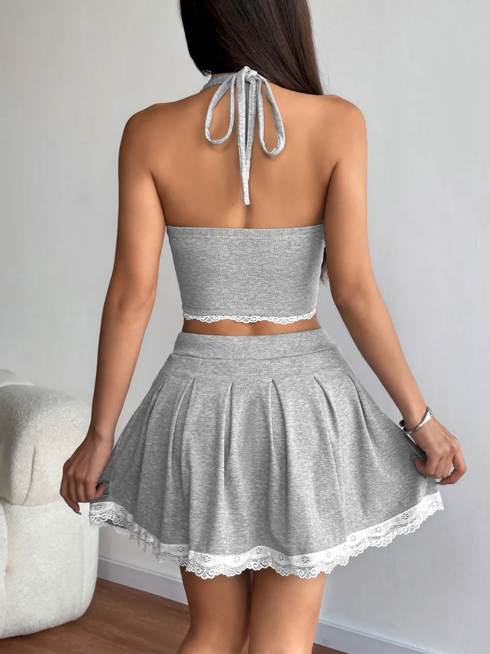 Lace Up Halter Neck Top and Skirt Set, image 4