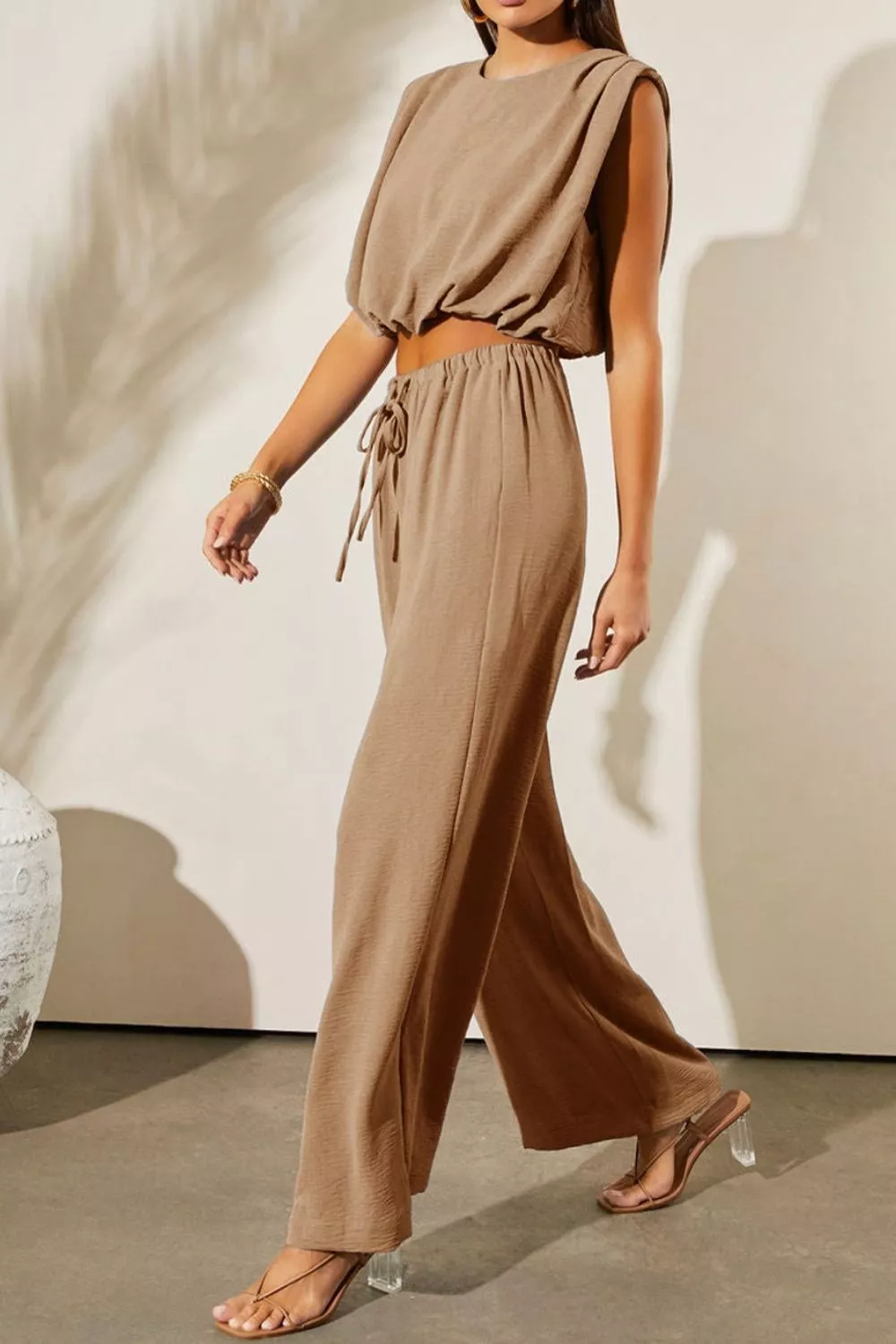 Solid Color Keyhole Puffy Tank Drawstring Loose Pants 2pcs Outfit, image 2