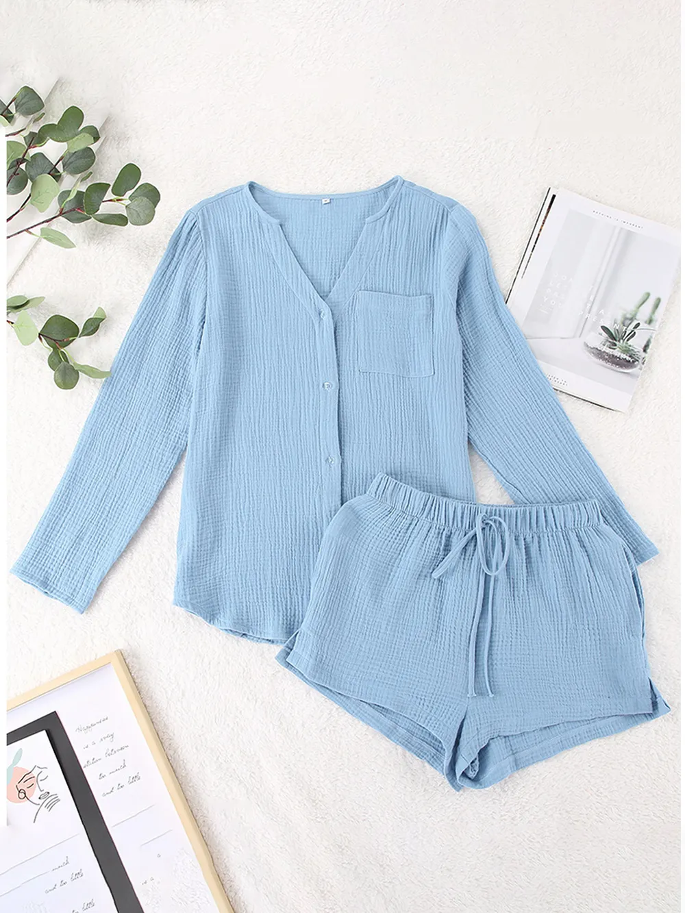 Notched Long Sleeve Top and Shorts Set, image 9