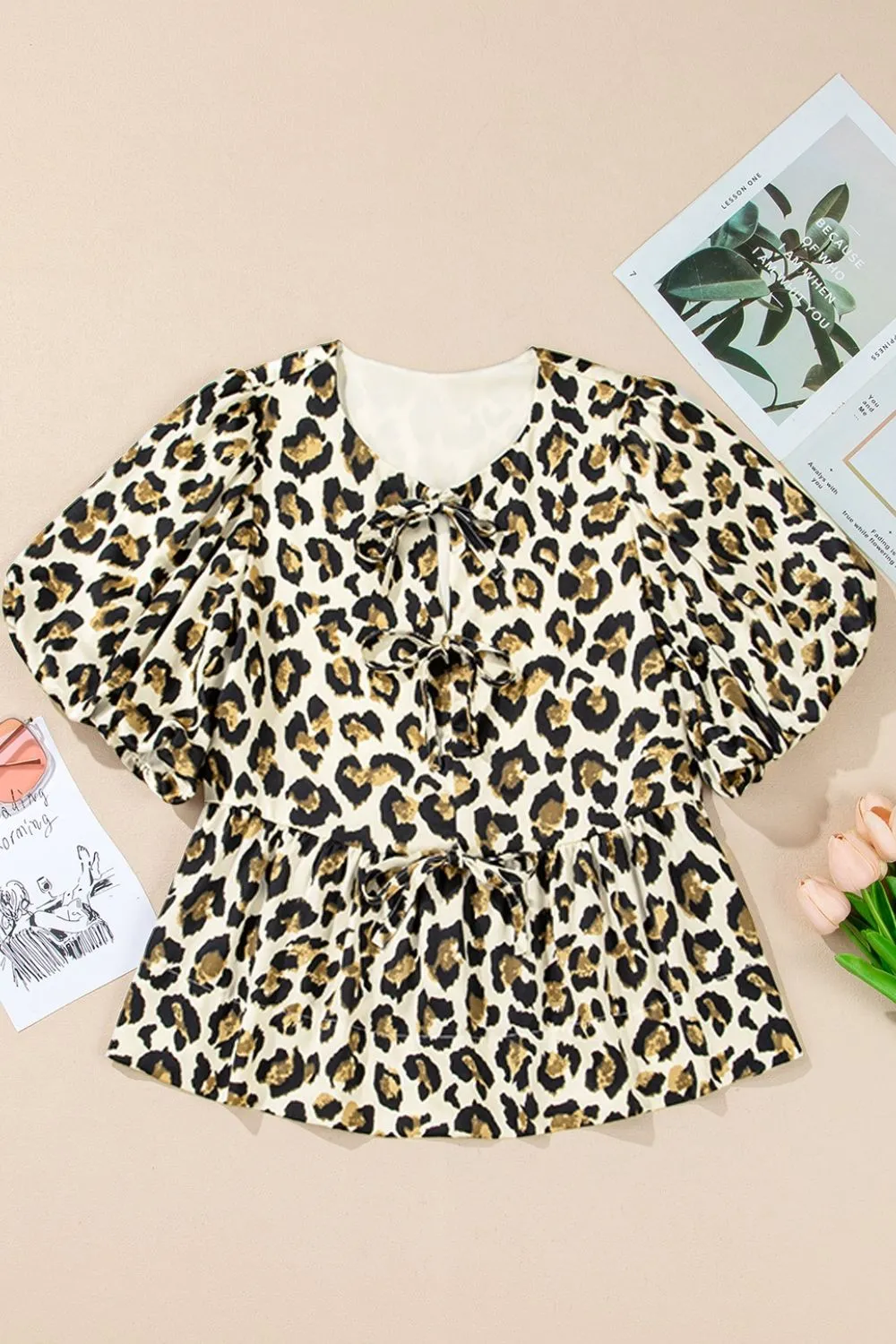 Leopard Bow Tie Front Puff Sleeve Peplum Blouse, image 5
