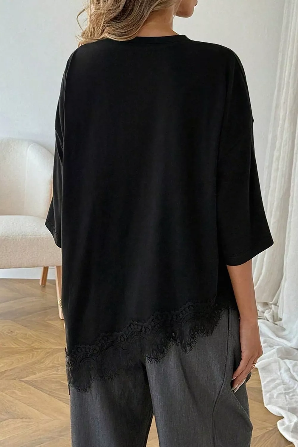 Lace Asymmetrical Hem Round Neck T-Shirt, image 5