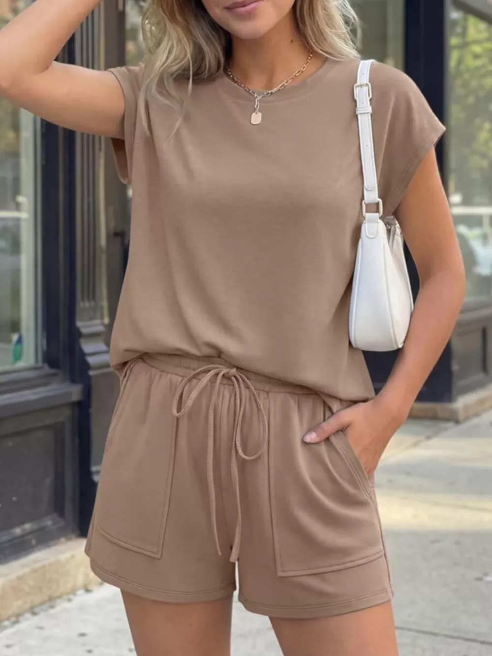 Casual Solid Color T-Shirt and Shorts Set, image 2