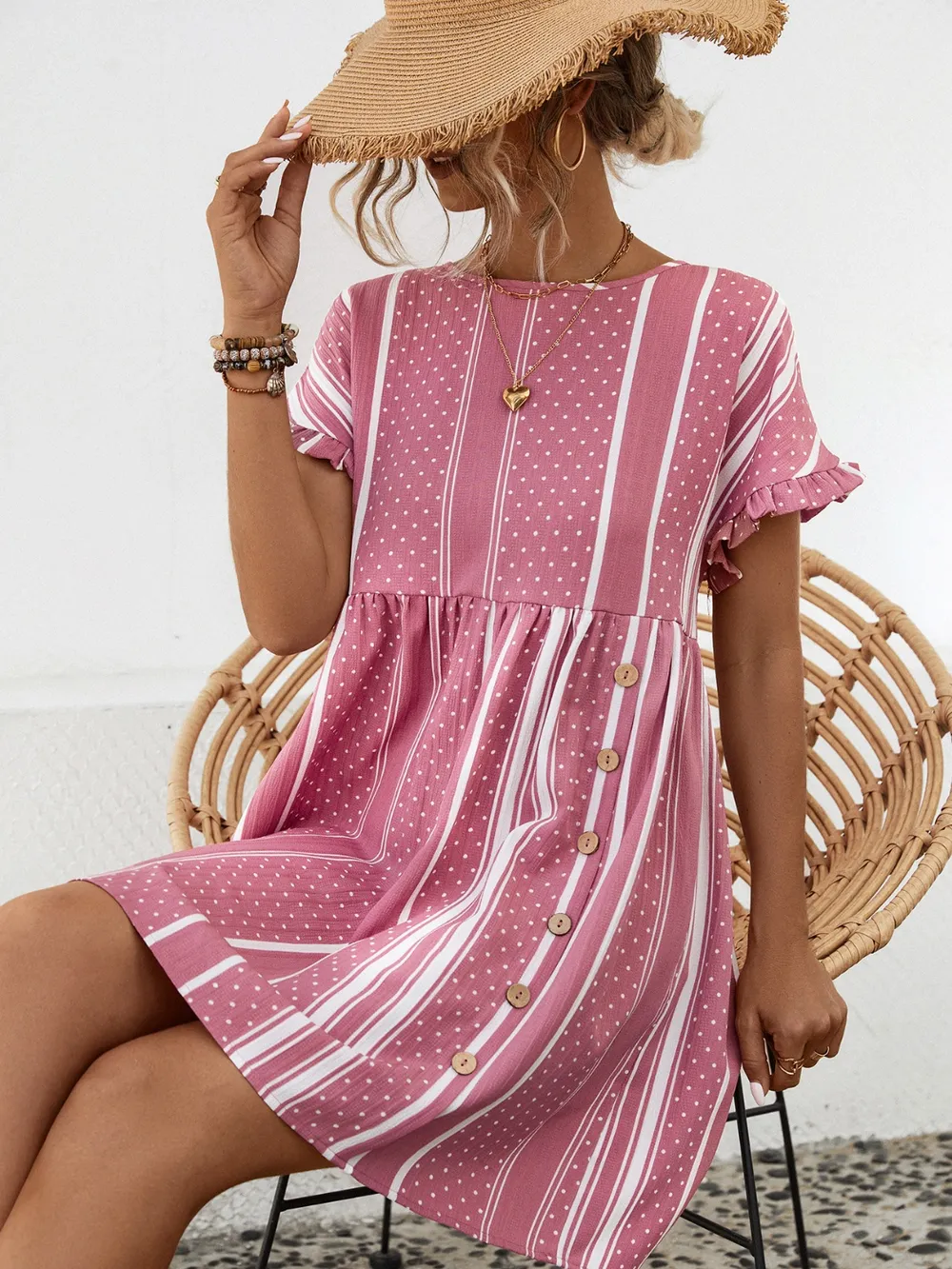 Striped Polka Dot Frill Short Sleeve Mini Dress, image 4