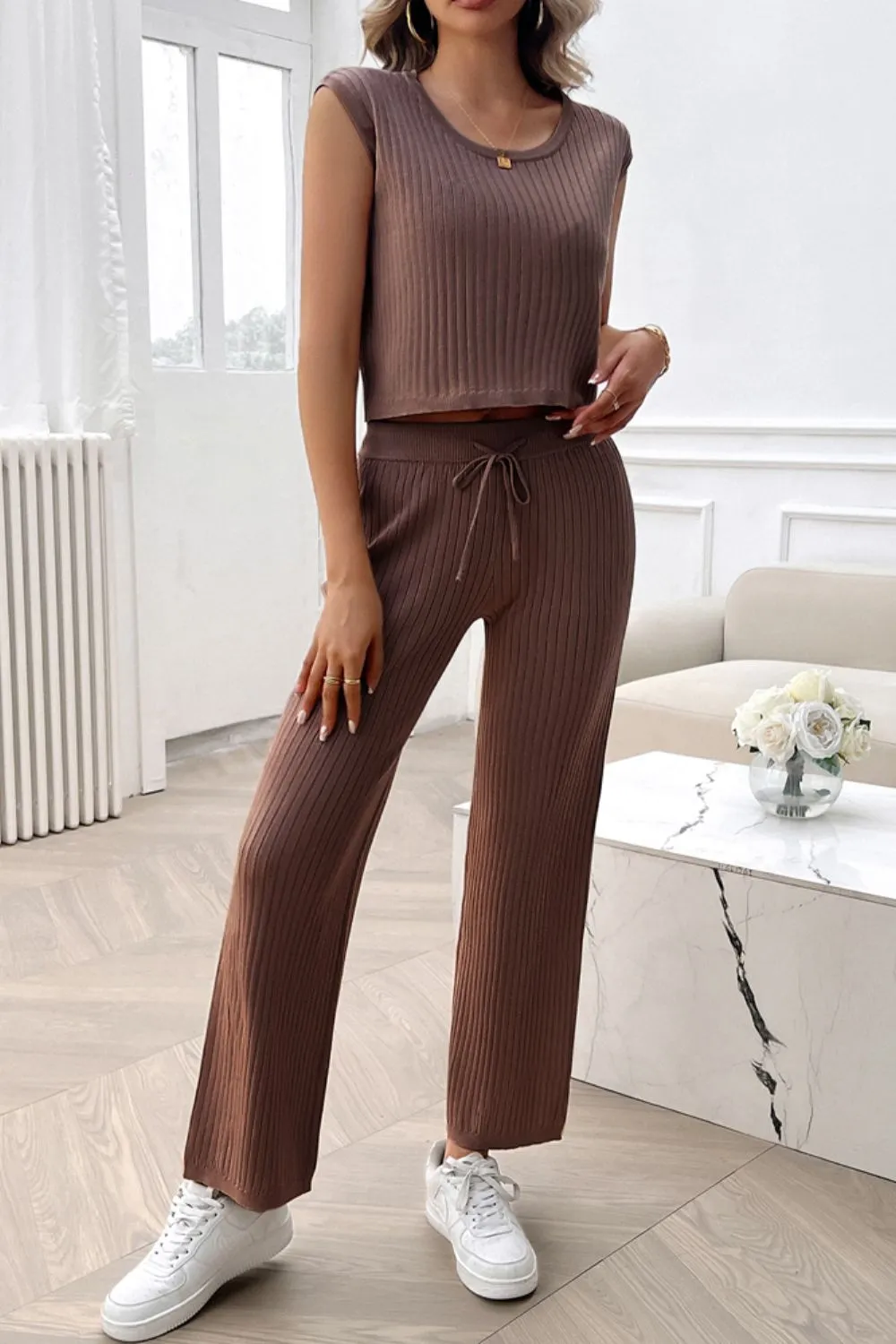 Ribbed Round Neck Top and Pants Set, image 6