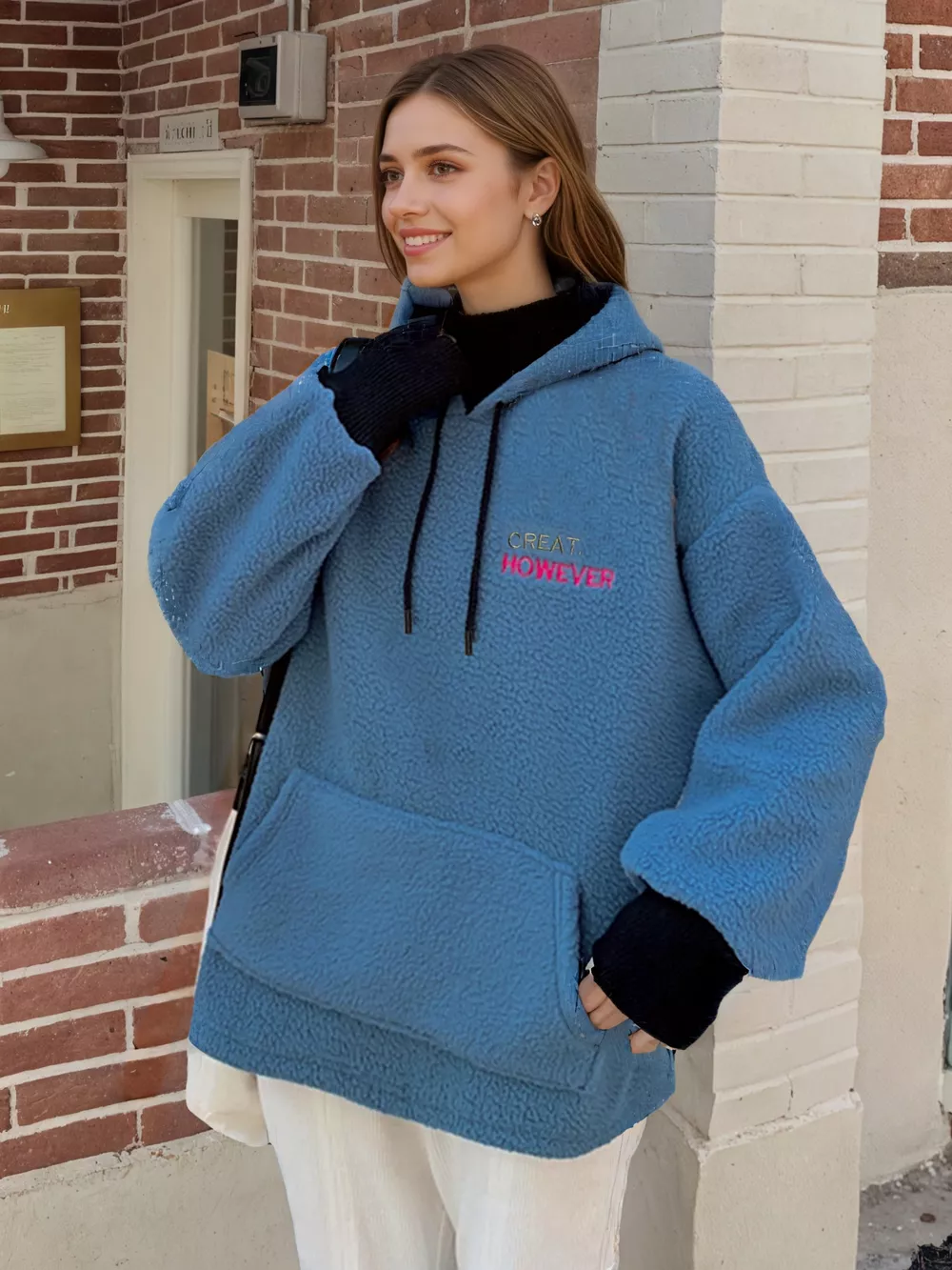 Drawstring Sherpa Kangaroo Pocket Hoodie, image 6