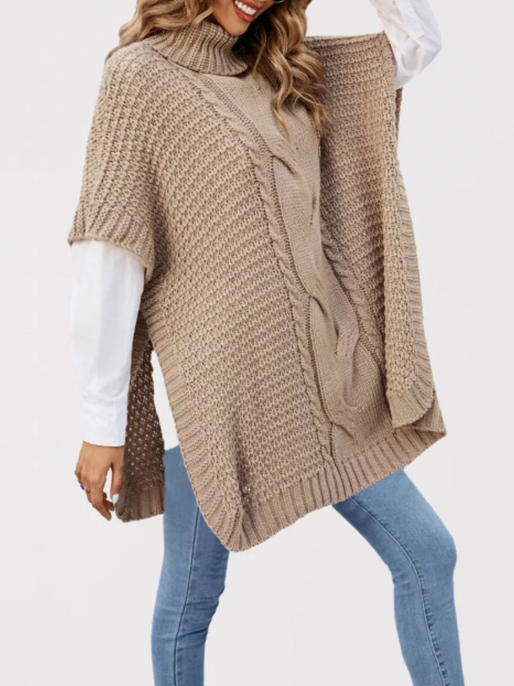 Turtleneck Cable-Knit Short Sleeve Oversized Sweater, image 2