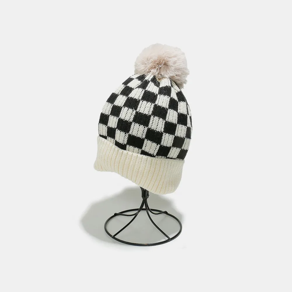 Checkered Knit Hat with Pompom, image 2