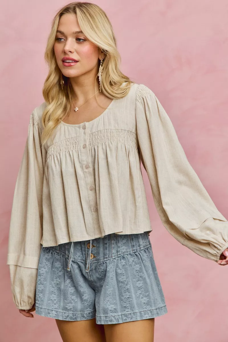 Linen Blend Woven Long Sleeve With Smocking Top, image 4
